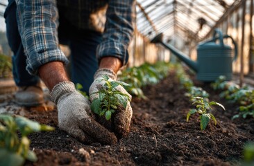 Fototapeta premium A person wearing gloves carefully plants a seedling in dark soil inside a glass greenhouse, alongside neat rows of plants