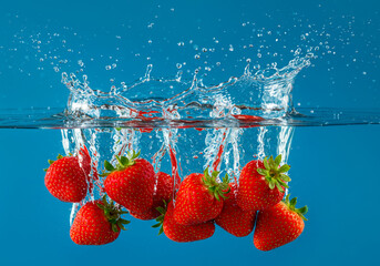 Strawberries in water with splash, blue background