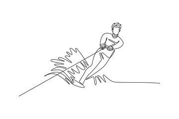 Single one line drawing professional male athlete carving wakeboarding turn. Athletic skill, balance, and thrilling freedom of the sport. Modern continuous line draw design graphic vector illustration