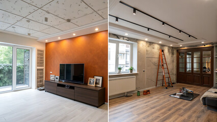 The layout features an open-plan area with a prominent wooden staircase with metal railings ascending to the upper level.