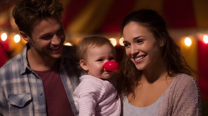 Obraz premium A smiling father mother and baby enjoying a festive outdoor event like a carnival with the baby wearing a red clown nose