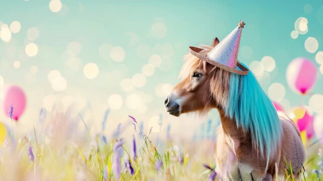 Enchanting pony with blue mane and hat in vibrant meadow setting