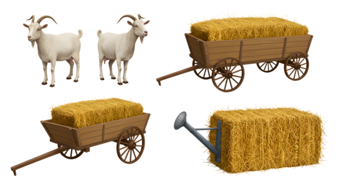 FARMING - Two white goats standing near wooden carts filled with hay and a bale of hay with a pitchfork, perfect for farm or rural life projects