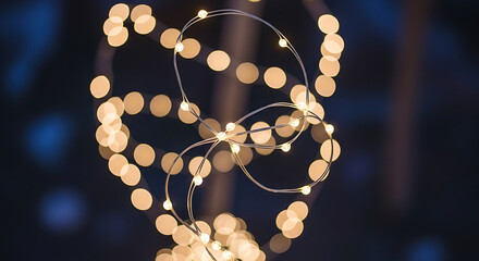 Close up of string lights with a dark blue background creating a warm and festive ambience feeling ai generated