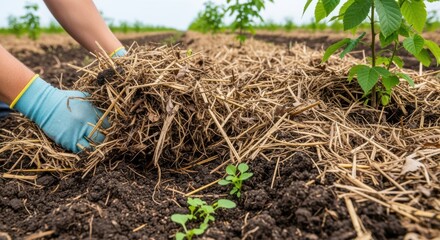 Close medium shot of natural mulch being applied to soil in a notill nut farm to improve soil fertility and moisture retention.
