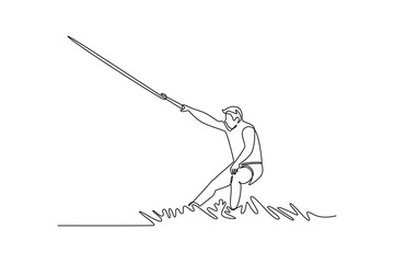 Fototapeta premium Continuous one line drawing young man wakeboarding on the water, being towed by a boat. Excitement, leisure, and adventure of the aquatic lifestyle. Single line draw design vector graphic illustration