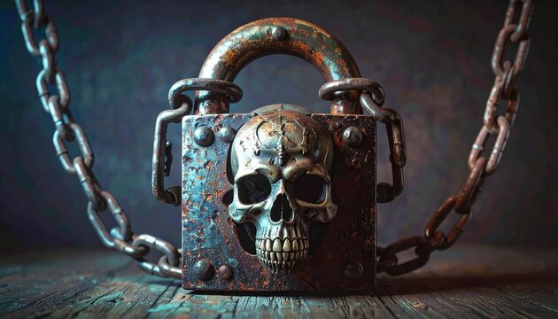 Ancient padlock with skull face surrounded by heavy chains in gothic horror concept