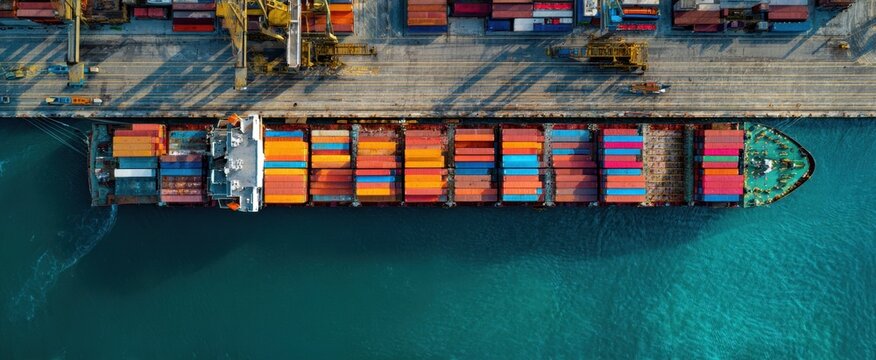 The container ship loaded with colorful shipping containers docked at a busy port