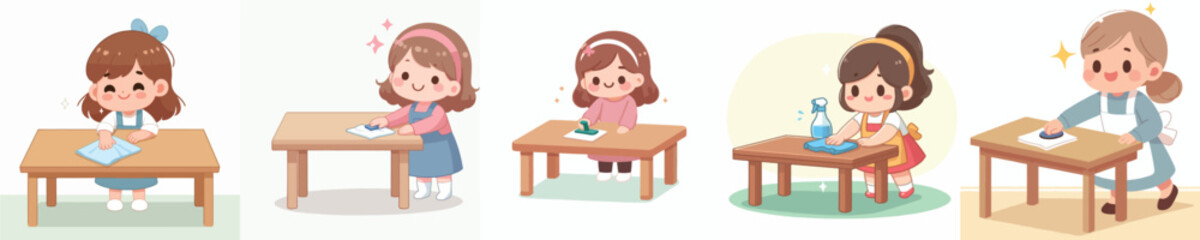 vector of a little girl wiping a dirty table