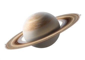 Saturn, a ringed planet, seen in profile.  Pale beige/tan planet with distinct bands.  Rings of light brown/tan, multiple bands visible.  Isolated on white background