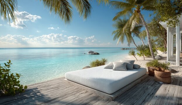 Tranquil beachside bed, palm trees, azure water
