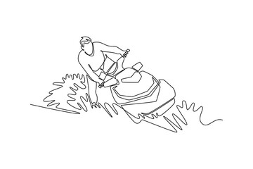 Continuous one line drawing young sportsman riding into turn on a jet ski. Representing excitement, leisure, and adventure of the aquatic lifestyle. Single line draw design vector graphic illustration