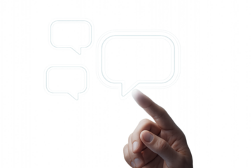 Hand touching a speech bubble interface on a transparent background with multiple chat box elements