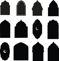 Collection of decorative Islamic architectural arch silhouettes with crescent moon motifs © Asad