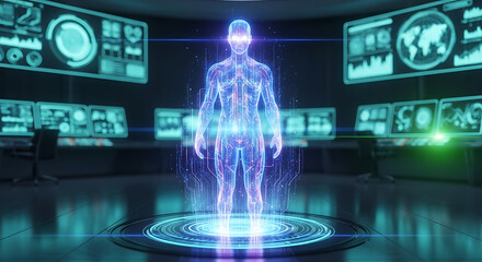 Holographic human figure standing on a platform in a room filled with computer screens displaying data ai generated