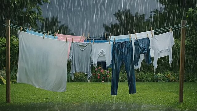 Wet clothes hang on a line between two wooden poles in a grassy backyard during a rainstorm