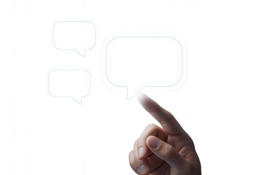 Hand touching a speech bubble interface on a transparent background with multiple chat box elements