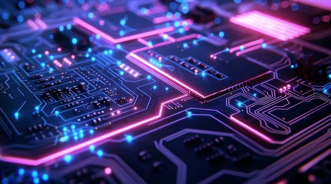 Futuristic Circuit Board with Neon Glowing Data Lines - Seamless Loop (AI Generated) - Powered by Adobe