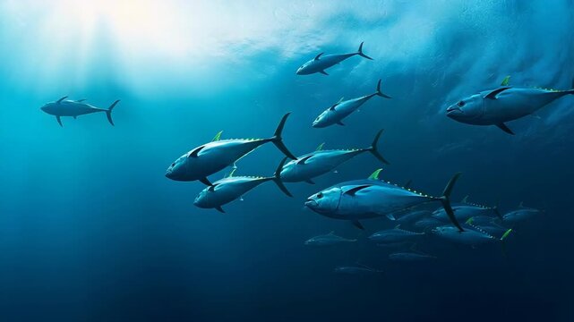 Majestic blue fin tuna shoal gliding gracefully through ocean depths