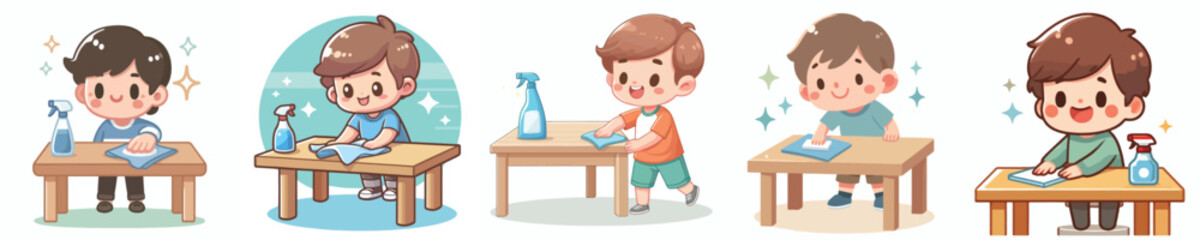 vector of a little boy wiping a dirty table