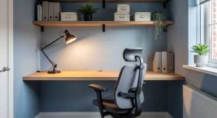 A highly functional home office nook built into an alcove: a custom floating desk, open shelving with organized boxes, a task lamp, and a comfortable ergonomic chair