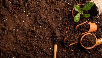 Potted plants and gardening tools on rich soil