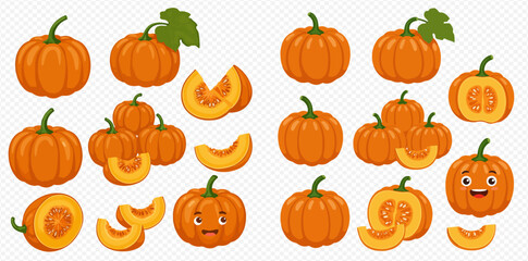 A vibrant collection of cartoon pumpkins in various forms, including whole, sliced, and expressive faced gourds.