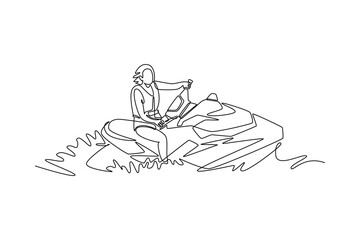 Single continuous line drawing woman riding jet ski or personal watercraft. Representing excitement, leisure, and adventure of the aquatic lifestyle. One line draw graphic design vector illustration