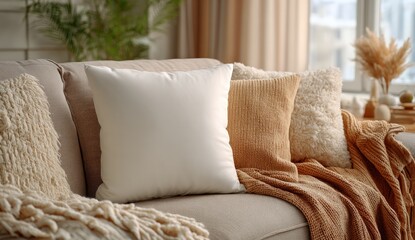 A cozy sofa with plush pillows and a blanket, in a warm-toned living room setting near a window