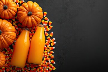 Orange juice bottles and candy corn with pumpkins on a dark surface.