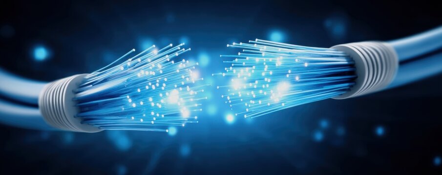 Cybersecurity Infrastructure Concept. Two fiber optic cables connecting, emitting blue light, symbolize high-speed data transfer and advanced communication technology.