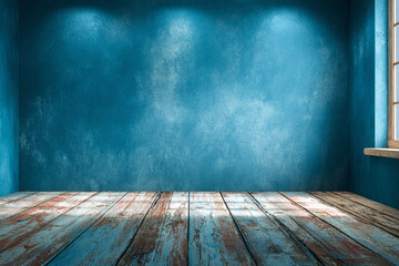 Empty room with blue textured walls wooden floor and window
