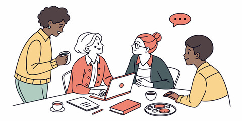 Diverse group of people collaborating around a table with a laptop and coffee