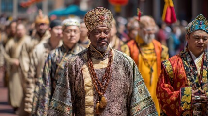 Fototapeta premium A cultural festival featuring celebrations from various world religions, with people in traditional religious clothing.