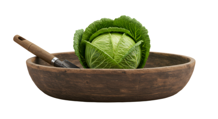 FARMING - Fresh green cabbage in rustic wooden bowl with wooden fork on black background, ideal for cooking and healthy eating concepts