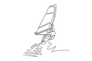 Single continuous line drawing back view of male athlete windsurfing on a wave. Athletic skill, freedom, and the energetic power of the wind and ocean. One line draw graphic design vector illustration