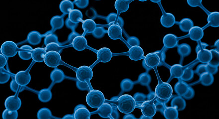 Abstract molecular structure of bluish spheres over a black background