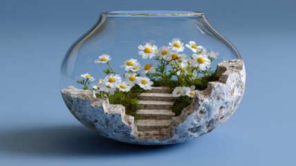 The bottom, A tiny garden thrives inside a broken vase, creating a unique and whimsical visual representation of nature's resilience.