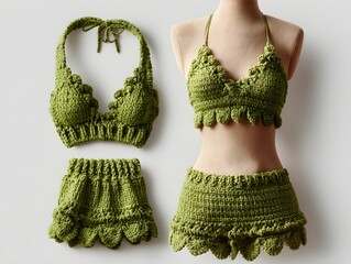 two piece crochet swimwear set captured product photographs one flat lay arrangement visible stitching clean simple design for web and print use clear view modern minimal look neat layout vivid subtle
