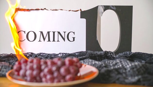 Burning paper with "COMING" text, grapes, and a number 10