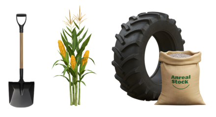 FARMING - Gardening shovel, corn stalk, tractor tire, and sack of seeds on white background, farming and agriculture concept, perfect for agricultural projects