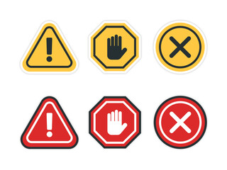 Flat Design Warning Error Stop Icon Set Collection with Exclamation Mark Hand Sign and Cross Symbol in Yellow and Red Colors for Caution Safety Alert Danger Notification Graphic Design