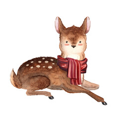 Watercolor resting fawn, little deer in red scarf, perfect for cozy winter cards, posters, nursery prints, and childrens illustrations