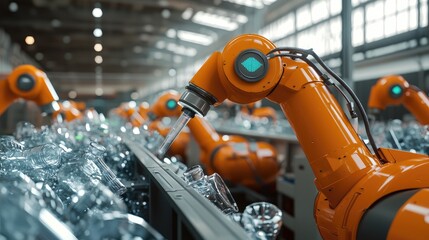 Fototapeta premium Industrial robotic arms working on an automated factory assembly line.