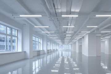 Modern empty office space bright white walls sleek floor exposed ceiling pipes and lighting city view windows