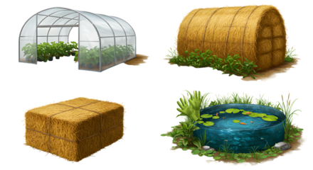 FARMING - Greenhouse and haystack rural farming illustrations with hay bale and pond perfect for agricultural and nature projects