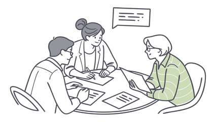 Three diverse people collaborating around a round table discussing documents and ideas with a speech bubble