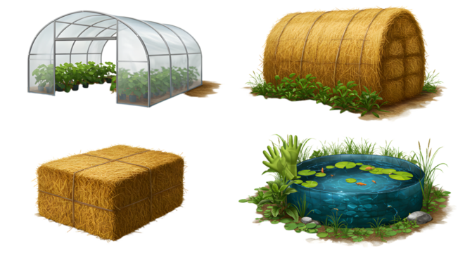 FARMING - Greenhouse and haystack rural farming illustrations with hay bale and pond perfect for agricultural and nature projects
