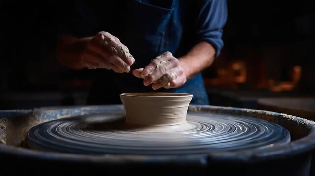 A potter shapes clay on a spinning pottery wheel, hands coated in wet clay as they craft a ceramic bowl.