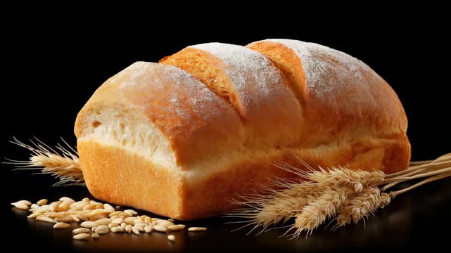 Freshly baked bread loaf with wheat kernels and stalks on black background in three progressive views
